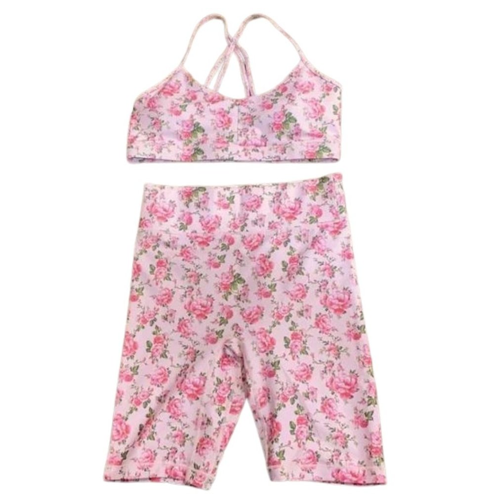 BANDIER X LOVESHACKFANCY PEONY GARDEN BIKER SHORT + STRAPPY BRA (WORKOUT SET)